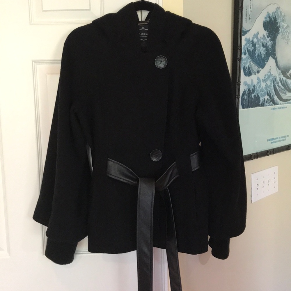 Black hooded wool coat with leather belt
